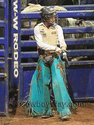 A bull rider wearing a helmet and vest