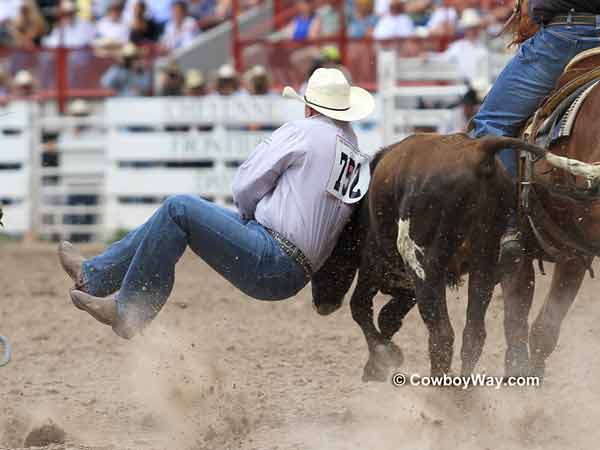 Payden McIntyre works to wrestle his steer