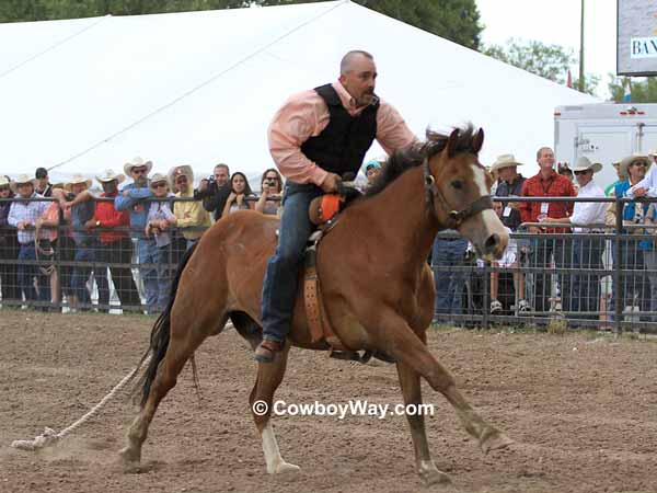 Carrying a rider, a wild horse lopes down the racetrack Carrying a rider, a wild horse lopes down the racetrack