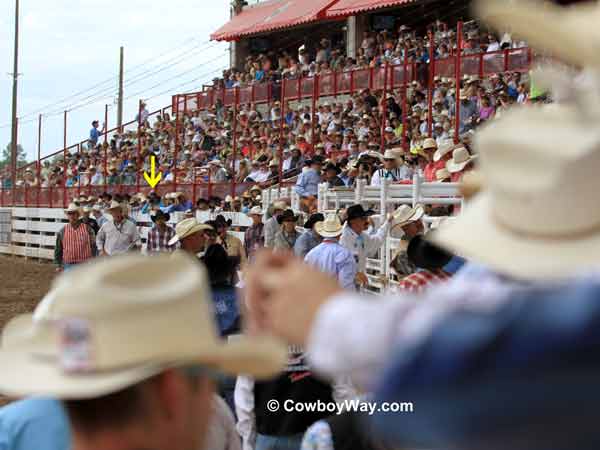 In front of the bucking chutes, 
Cheyenne Frontier Days Rodeo