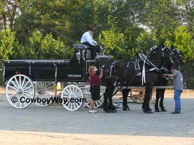 A black wagon and a team of Percherons