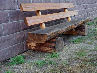 A rustic log bench with a back
