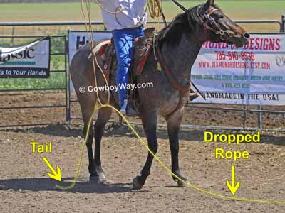 A mounted rider picking up a dropped rope