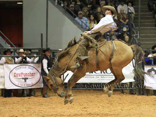 A dun bucking horse and rider