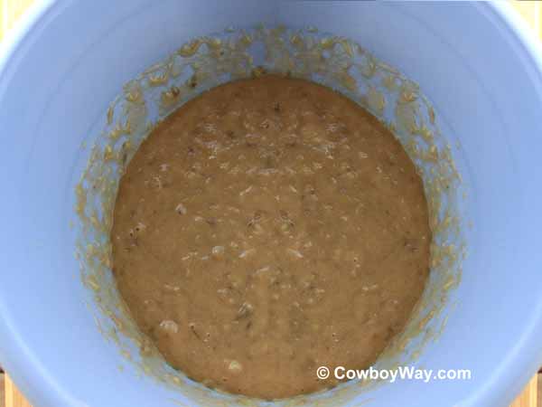 The mixed wet banana bread ingredients