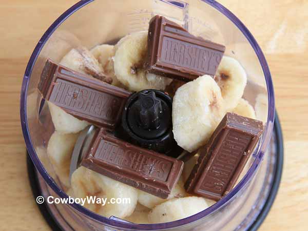 Frozen bananas about to be blended with chocolate chunks