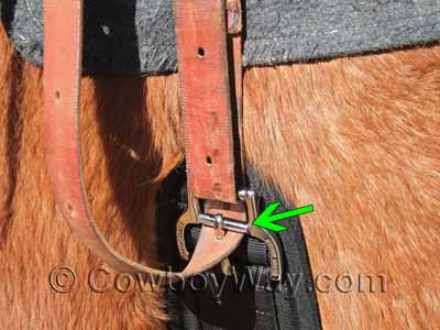 The latigo going through the bottom bar of the Smart cinch buckle