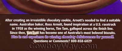 The back of a package of Tim Tam cookies, which were named after a horse