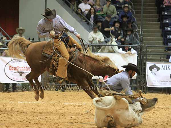 A horse bucks while a teammate ties a steer