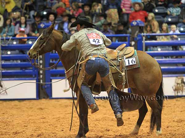 A rider makes a flying dismount in the stray gathering