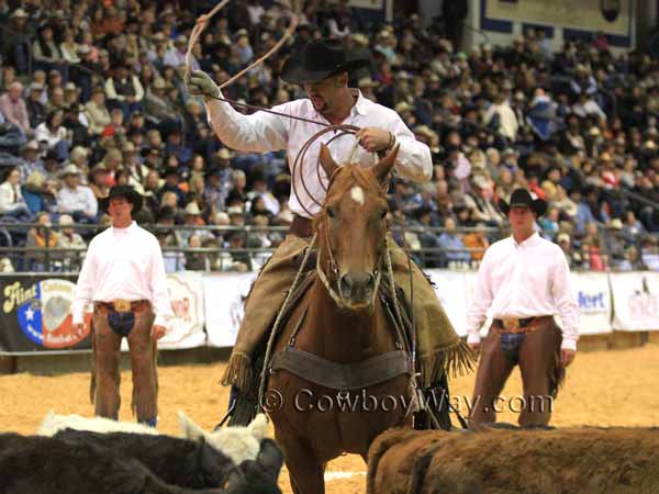 A mounted rider looks for a calf to rope