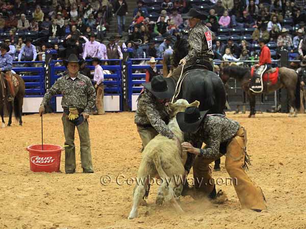 A horse and rider take a calf to be branded