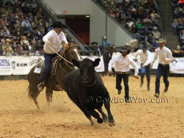 A ranch rodeo team member ropes a cow