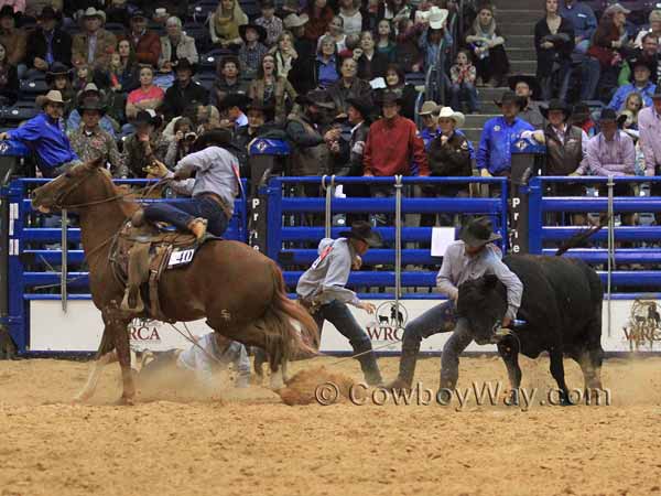 A rider jumps off a horse to help his teammates