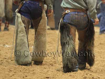 Two cowboys wearing wooly chaps