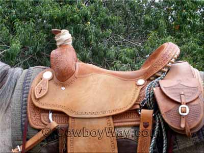 A roping saddle with a flatter seat than than the ranch saddle above