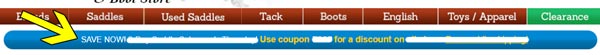 Screenshot of HorseSaddleShop website showing a coupon code
