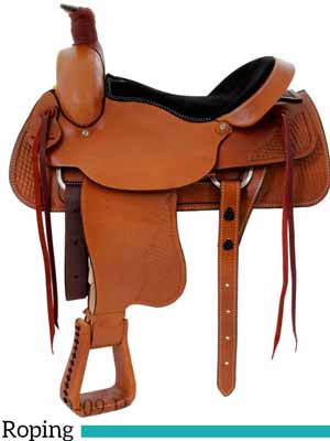 A Dakota roping saddle saddle with 7/8 rigging and a Cheyenne roll