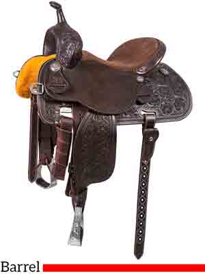 A Sherry Cervi Stingray 71C1 barrel saddle with Chocolate leather with Alpine flower tooling