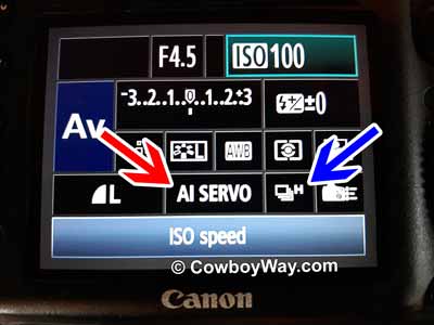 The back of a camera showing burst mode and auto focus settings