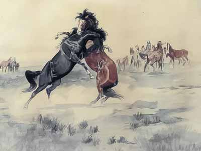 A painting by Charles Russell of two wild stallions fighting: The Challenge