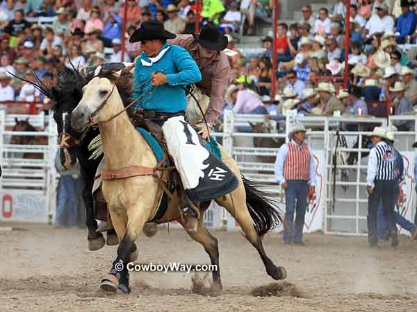 Saddle bronc rider gets off a bronc