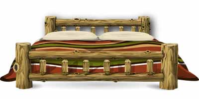 A log bed with a cowboy bedspread