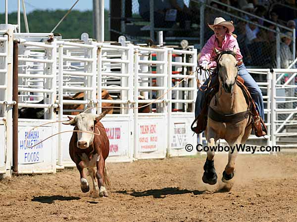 A cowgirl ropes a crooked-horned steer