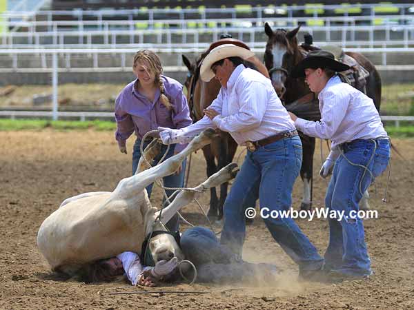 A cowgirl gets pinned beneath the steer