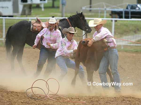 Cowgirls mug their steer in dusty arena