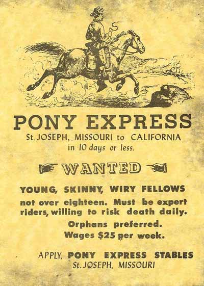 Pony express poster advertising for riders / messengers