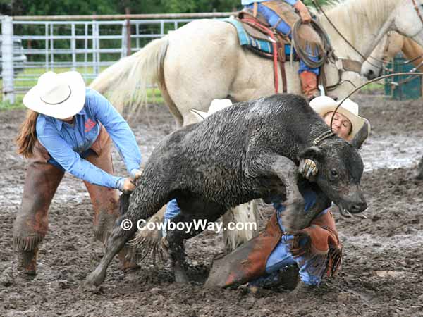 A calf and two cowgirls in the mud