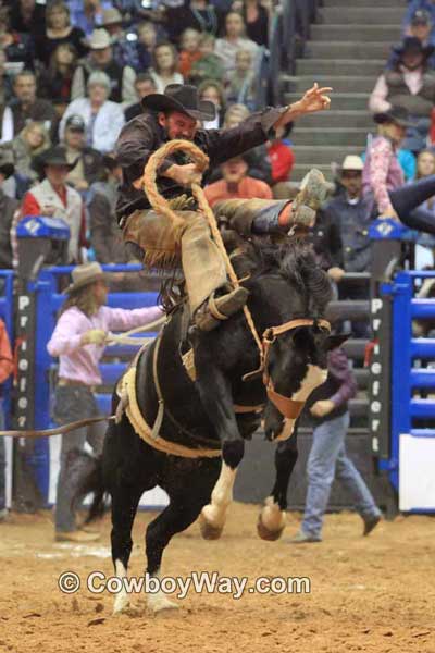 A black, bucking ranch bronc tries to buck off his rider