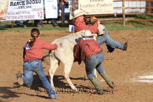A cowboy gets lifted off the ground during a ranch rodeo