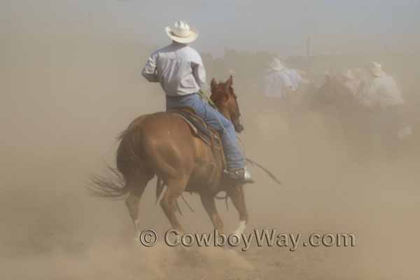 A cowboy rides into the dust