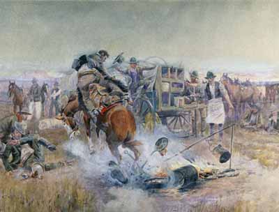 Charles Russell action-packed painting titled A Bronc To Breakfast