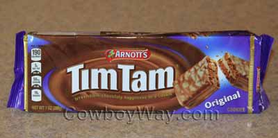 An unopened package of Tim Tam cookies