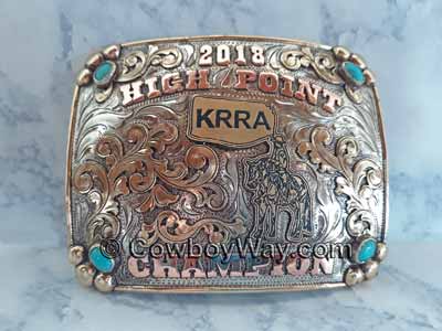 A belt buckle on display