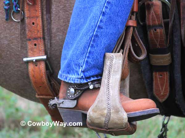 A pair of Twisted X boots in a stirrup
