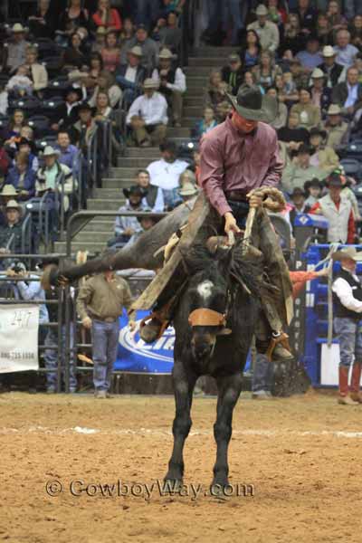 Jeremiah Campbell from the Davison and Sons Cattle Co., Oklahoma, in the ranch bronc riding event
