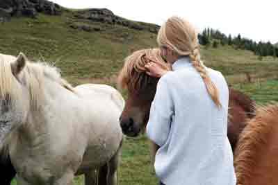 A woman petting ponies